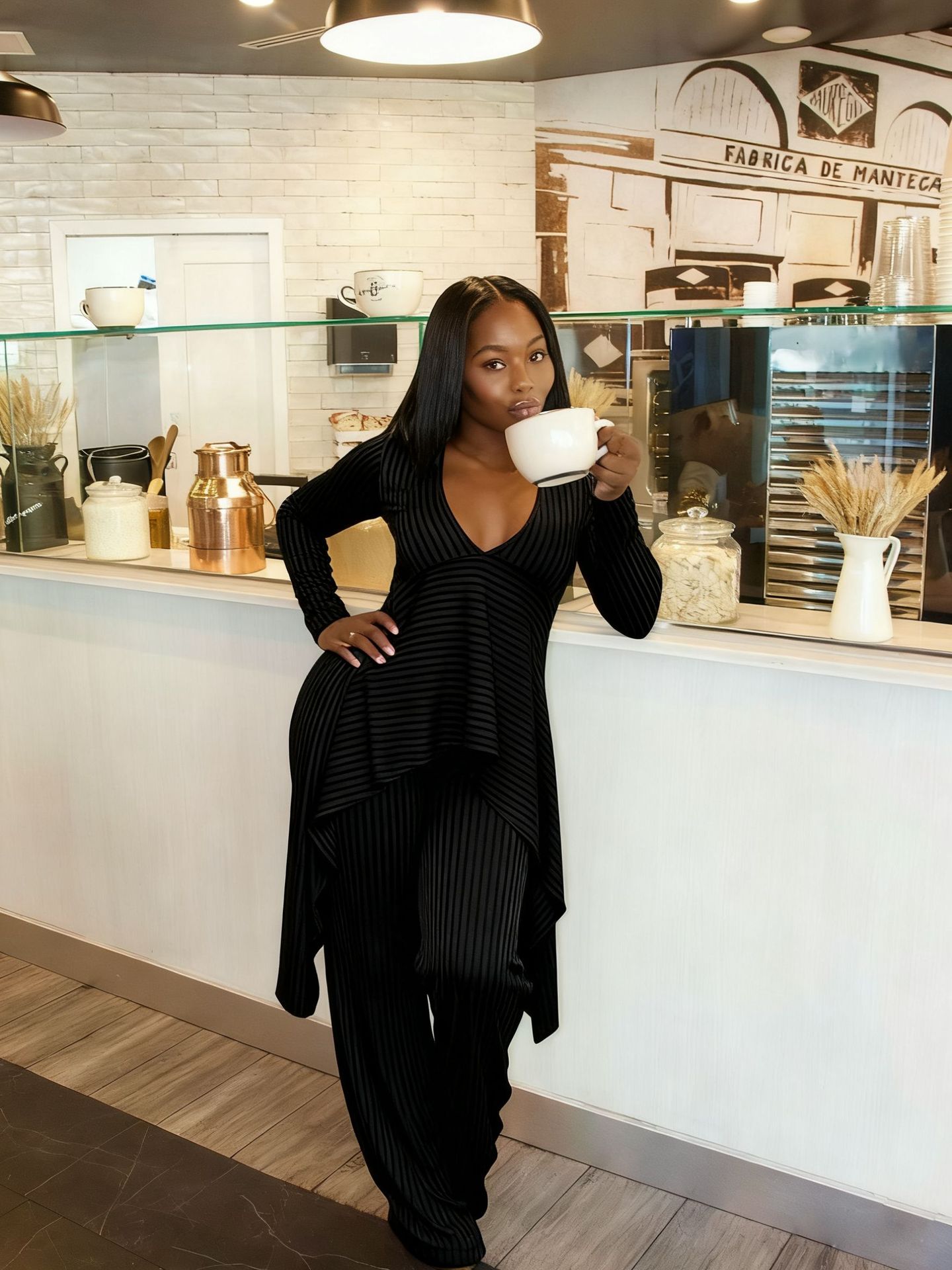 Women Casual Ribbed Irregular Long-Sleeve V-Neck Top and Pant Two-Piece Set