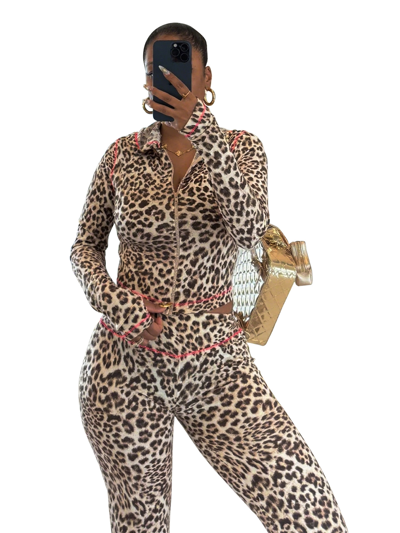 Women Autumn Holidays Casual Sexy Leopard Print Hooded Top and Bell Bottom Pant Two-Piece Set