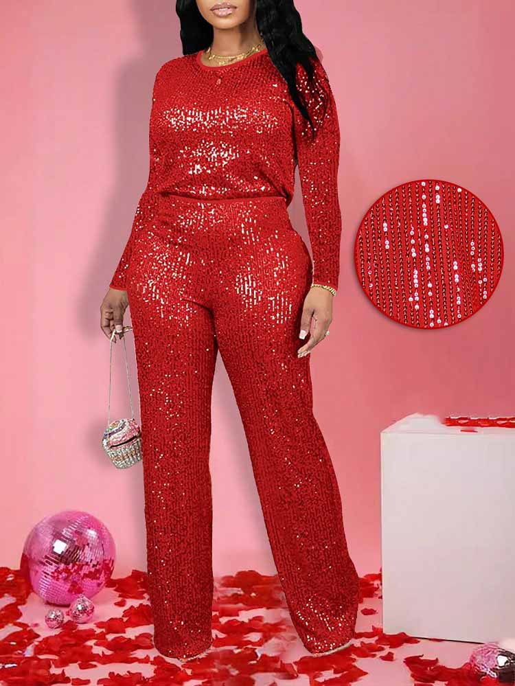 Women Elegant Long-Sleeved Round Neck Sequin Two-Piece Set