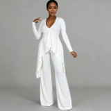 Women Casual Ribbed Irregular Long-Sleeve V-Neck Top and Pant Two-Piece Set