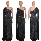 Women Sequined Irregular Slash Shoulder Hollow-Out Dress