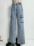 Women Autumn Lace-Up Cargo Casual Denim Wide-Leg Pants