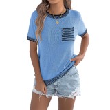 Women Spring/Summer Casual Color-Blocked Striped Pocket Short-Sleeve Knitting Top
