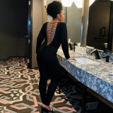 Women Autumn Solid Sexy Cutout Backless Long-Sleeved Jumpsuit