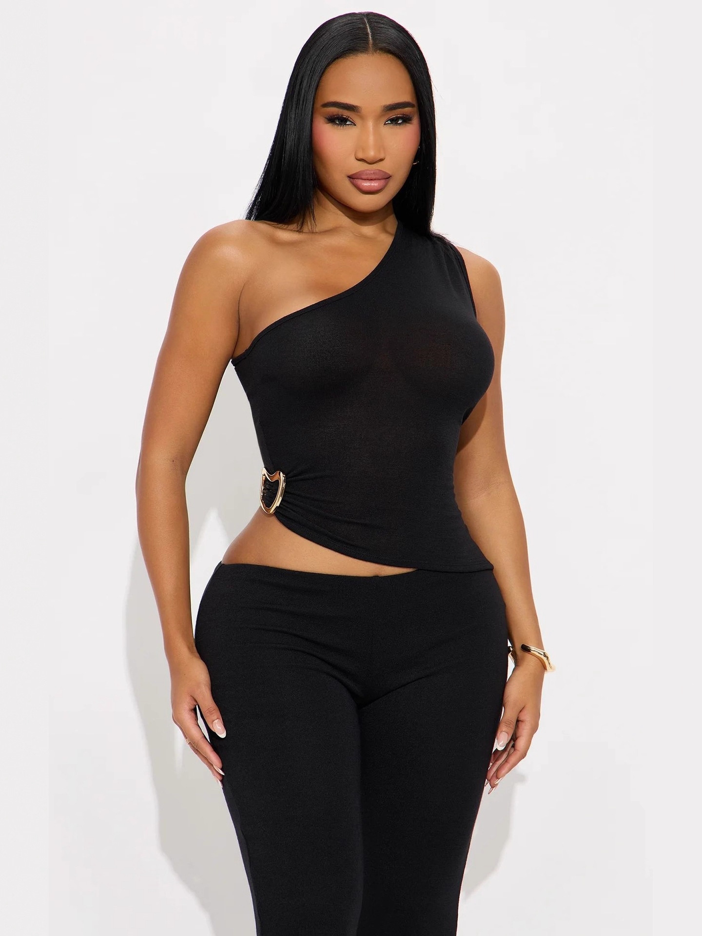 Women Metallic Solid Sexy Slash Shoulder Top and Pants Two-Piece Set