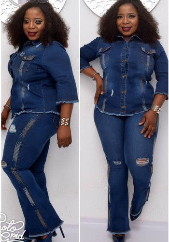 African Women Stretchy Denim Top and Bell Bottom Pant Two-Piece Set