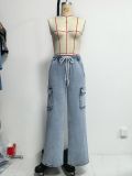Women Autumn Lace-Up Cargo Casual Denim Wide-Leg Pants