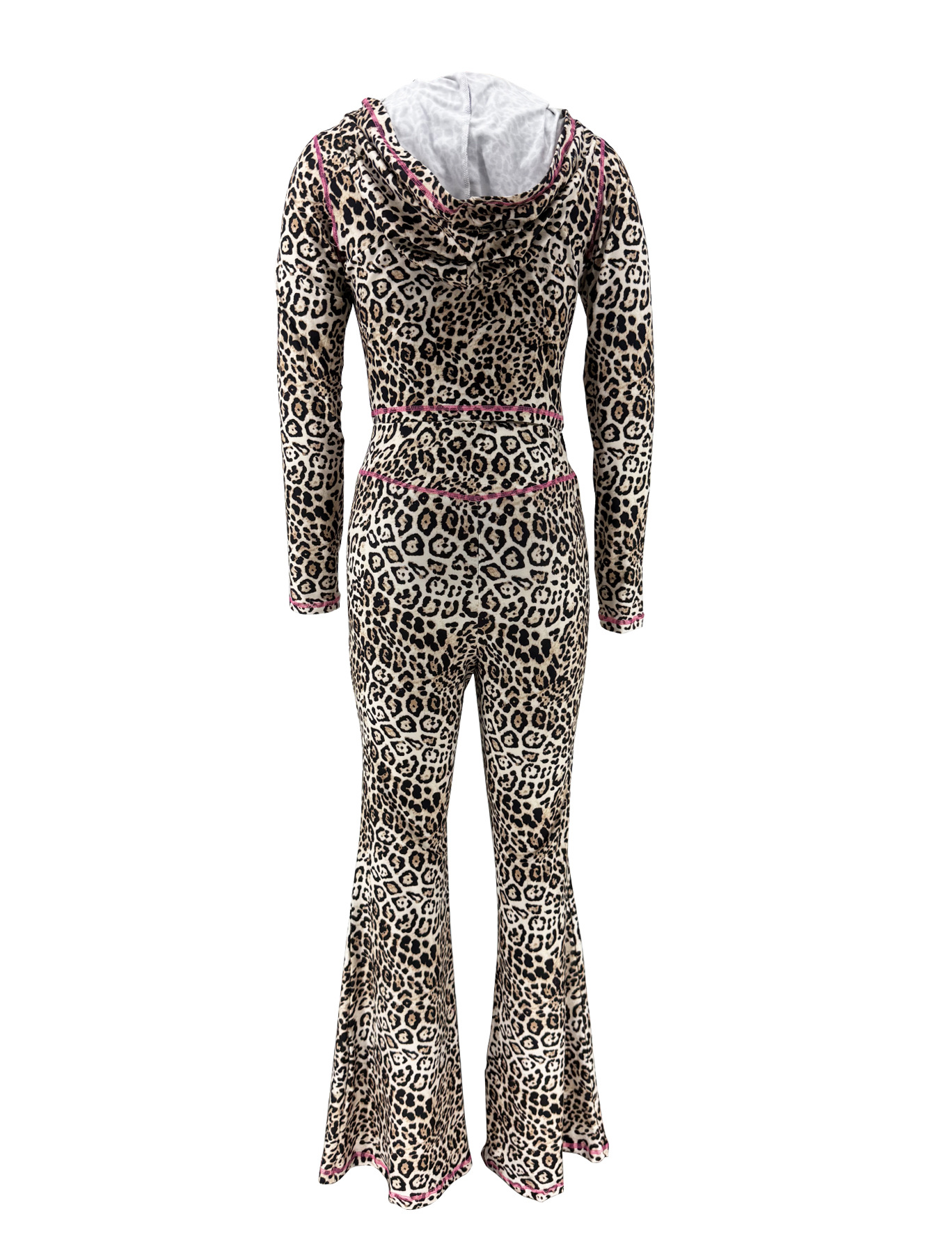 Women Autumn Holidays Casual Sexy Leopard Print Hooded Top and Bell Bottom Pant Two-Piece Set