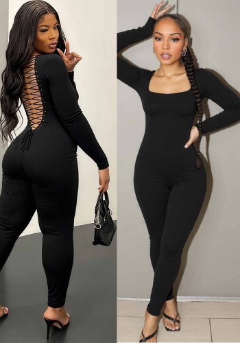 Women Autumn Solid Sexy Cutout Backless Long-Sleeved Jumpsuit