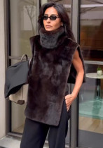 Women Autumn/Winter Solid Sleeveless High-Neck Furry Vest
