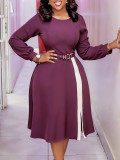 Plus Size African Women Long-Sleeved Round Neck Solid Elegant Color-Blocked Dress