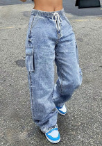 Women Autumn Lace-Up Cargo Casual Denim Wide-Leg Pants