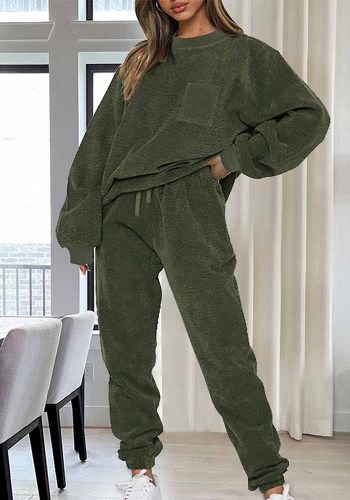 Plus Size Women Casual Solid Long-Sleeved Top and Pants Two-Piece Set