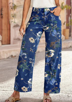 Women Floral Denim Print Wide-Leg Pants