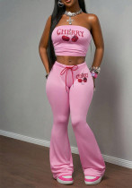 Women Print Sexy Stretchy Strapless Top and Lace-Up Pants Two-Piece Set