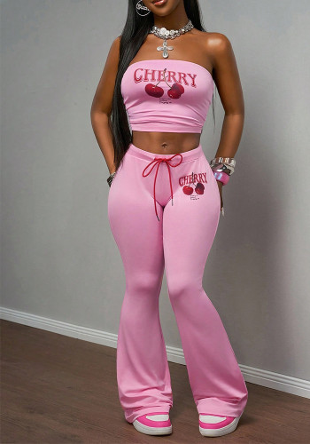 Women Print Sexy Stretchy Strapless Top and Lace-Up Pants Two-Piece Set