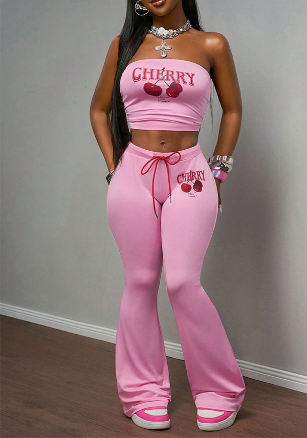 Women Print Sexy Stretchy Strapless Top and Lace-Up Pants Two-Piece Set