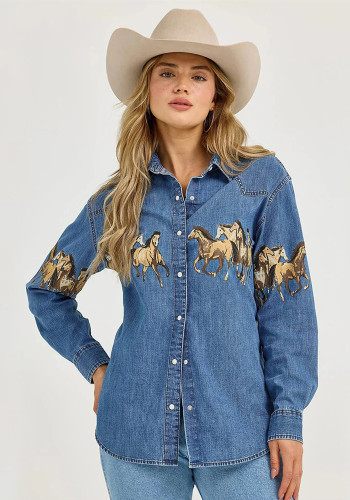 Women Autumn Denim Turndown Collar Print Denim Shirt