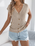 Women Spring/Summer Casual Solid Button-Up V-Neck Knitting Top Holidays Top