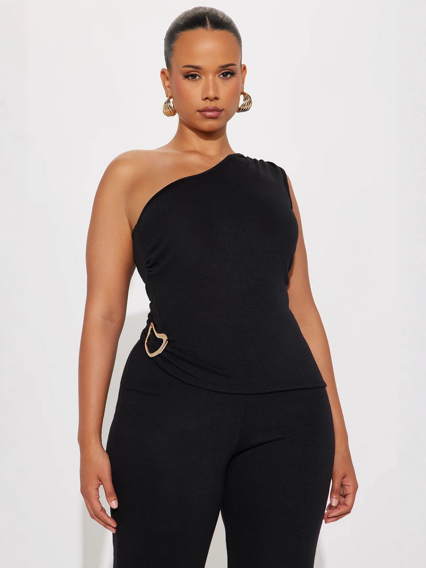 Women Metallic Solid Sexy Slash Shoulder Top and Pants Two-Piece Set