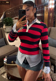 Women Casual Striped Color Block Turndown Collar Polo Top