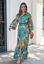 Women Printed Turndown Collar Maxi Dress