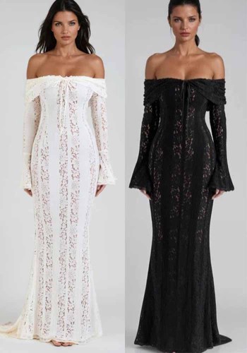 Women Lace Cutout Off Shoulder Bell Bottom Sleeve Elegant Sexy Strapless Bodycon Dress