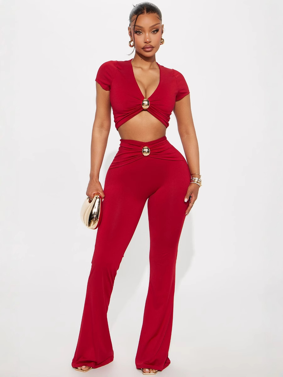 Women Summer Sexy V-Neck Short-Sleeve T-Shirt Top and Pants Two-Piece Set