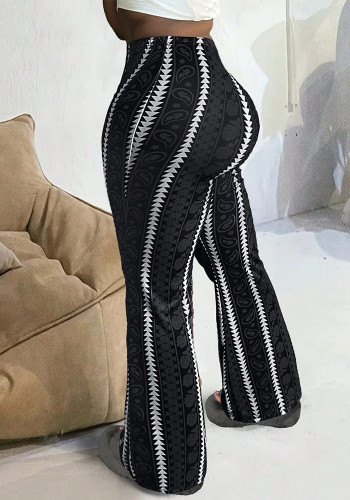 Women Casual Color-Blocked Striped Stretchy Bell Bottom Pants