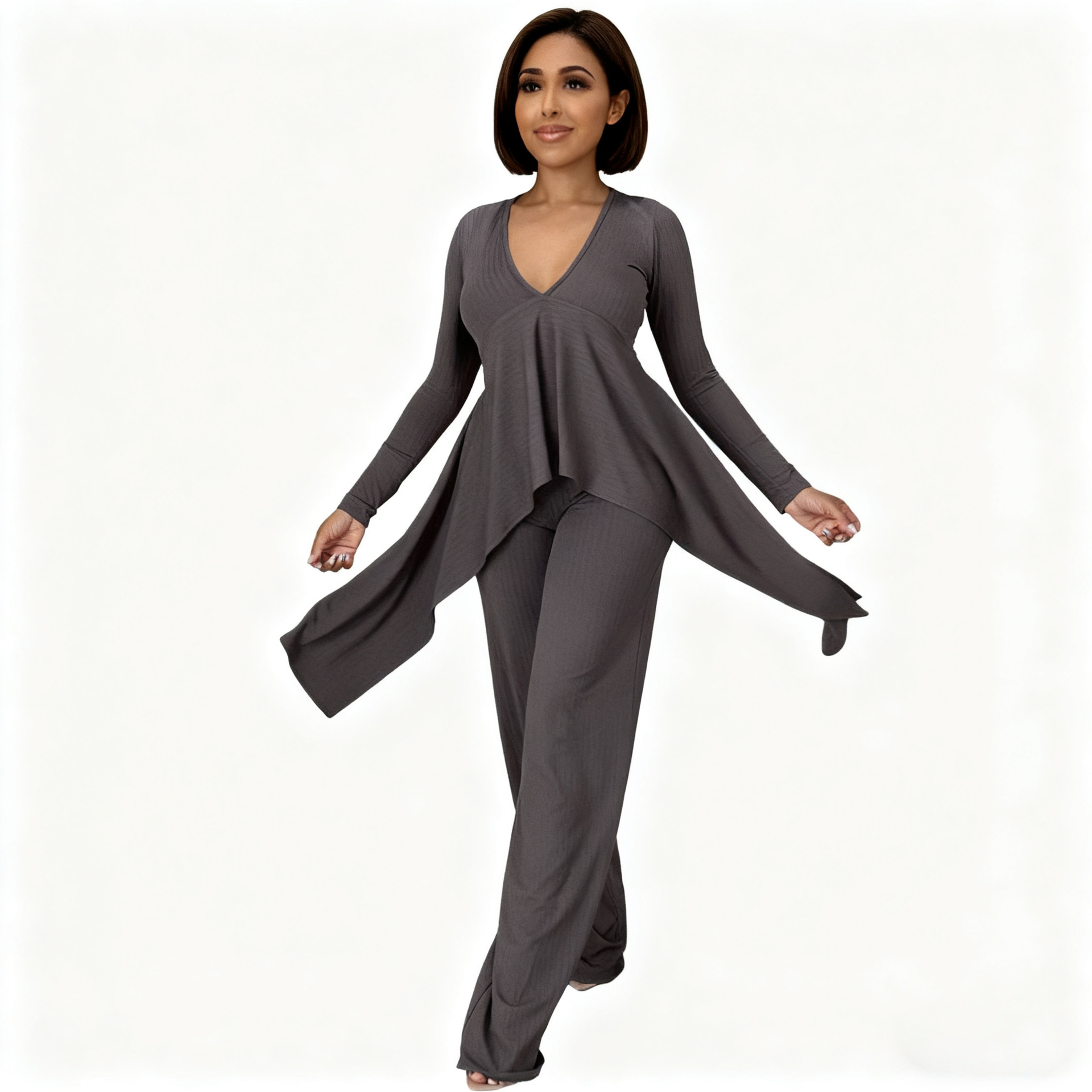 Women Casual Ribbed Irregular Long-Sleeve V-Neck Top and Pant Two-Piece Set