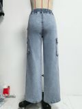 Women Autumn Lace-Up Cargo Casual Denim Wide-Leg Pants