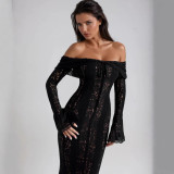Women Lace Cutout Off Shoulder Bell Bottom Sleeve Elegant Sexy Strapless Bodycon Dress
