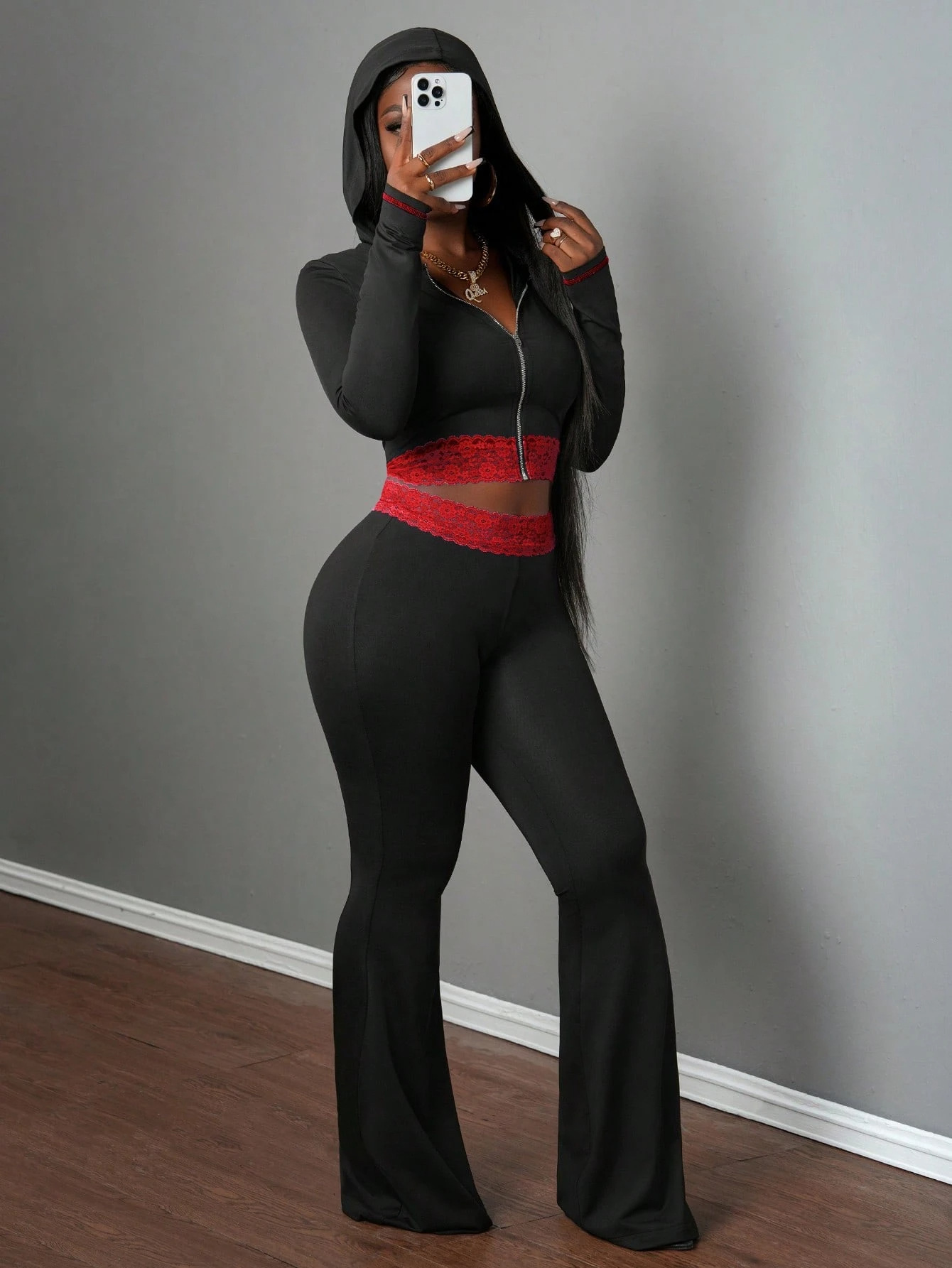 Women Solid Hooded Patchwork Lace Casual Zipper Top and Pants Two-Piece Set