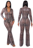 Women Autumn Snake Print Long-Sleeved Zipper Top and Pants Two-Piece Sets