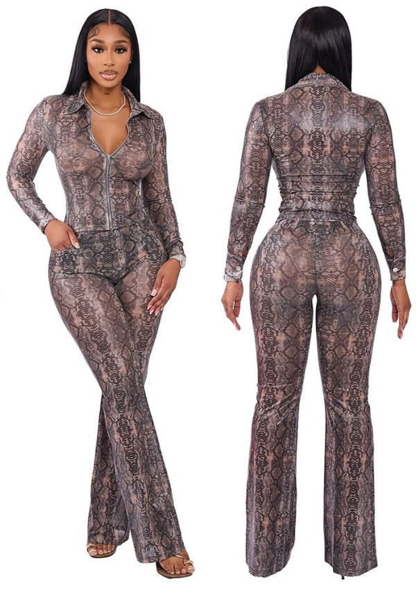 Women Autumn Snake Print Long-Sleeved Zipper Top and Pants Two-Piece Sets