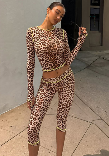 Women French Autumn/Winter Leopard Print Long-Sleeve Crop Top and Shorts Two-Piece Set
