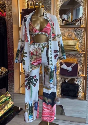 Women Autumn Printed Long-Sleeved Shirt Bra Camisole Wide-Leg Pants Three-Piece