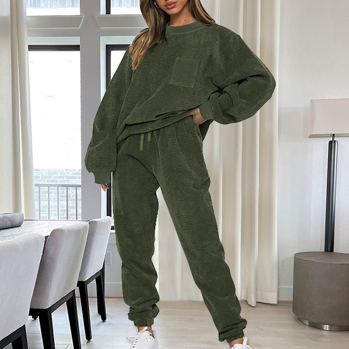 Plus Size Women Casual Solid Long-Sleeved Top and Pants Two-Piece Set