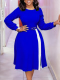 Plus Size African Women Long-Sleeved Round Neck Solid Elegant Color-Blocked Dress