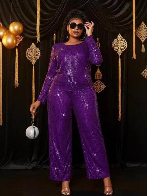 Women Elegant Long-Sleeved Round Neck Sequin Two-Piece Set