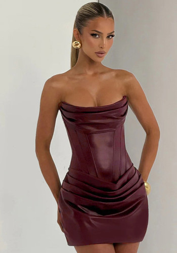 Women Autumn Solid Sexy Pu-Leather Strapless Dress