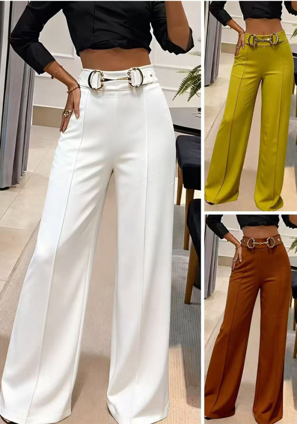 Women Metal Buckle Wide-Leg Pants