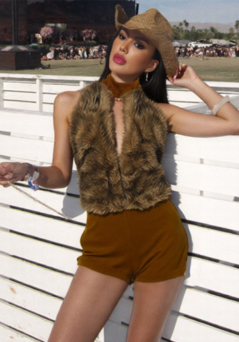 Women Autumn/Winter Sexy Fur Patchwork Halter Neck Hollow-Out Backless Jumpsuit