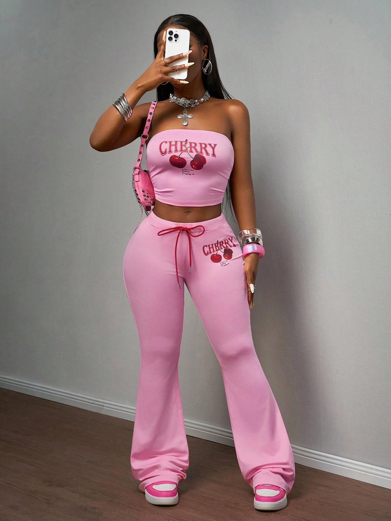 Women Print Sexy Stretchy Strapless Top and Lace-Up Pants Two-Piece Set