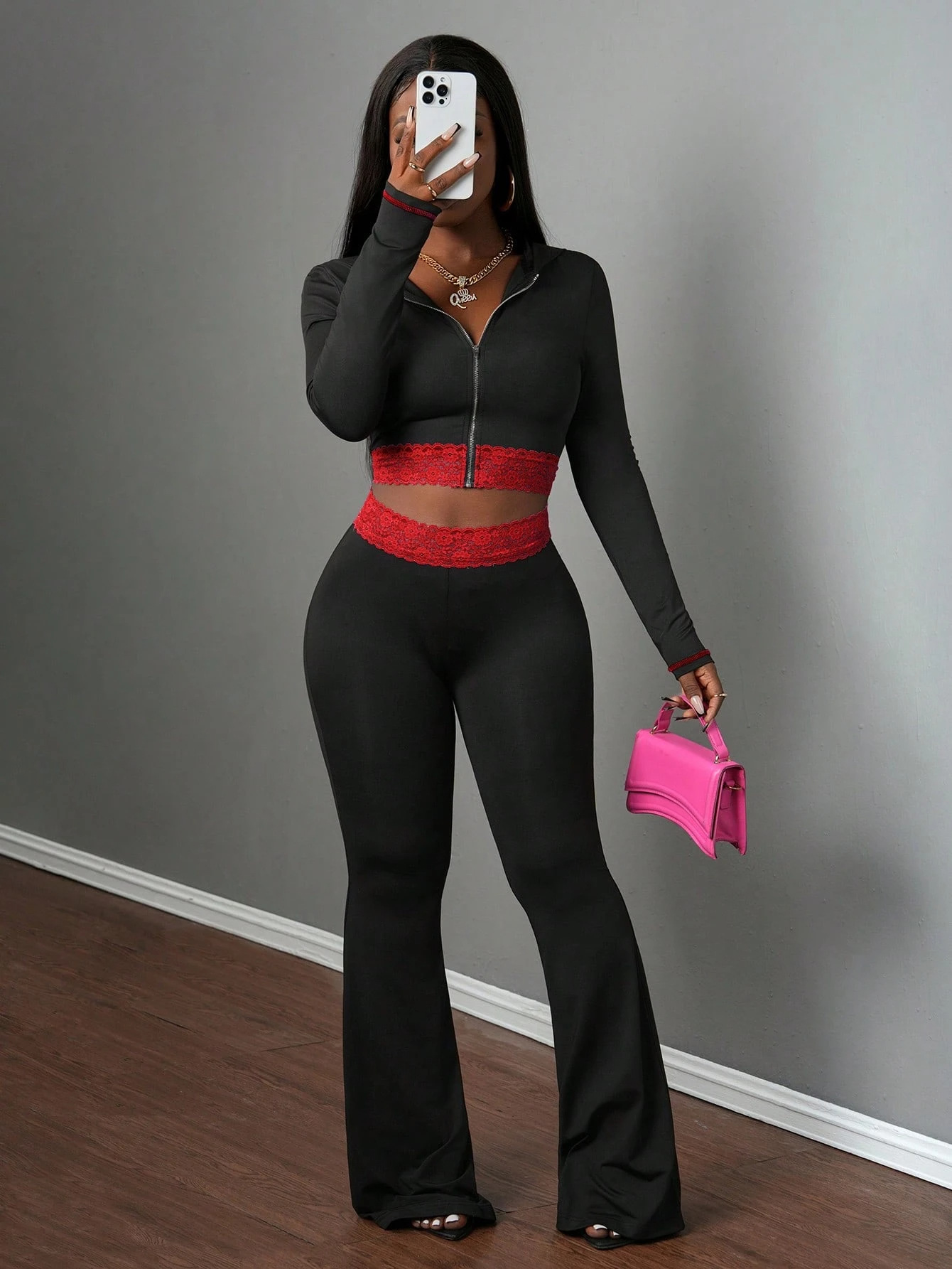 Women Solid Hooded Patchwork Lace Casual Zipper Top and Pants Two-Piece Set