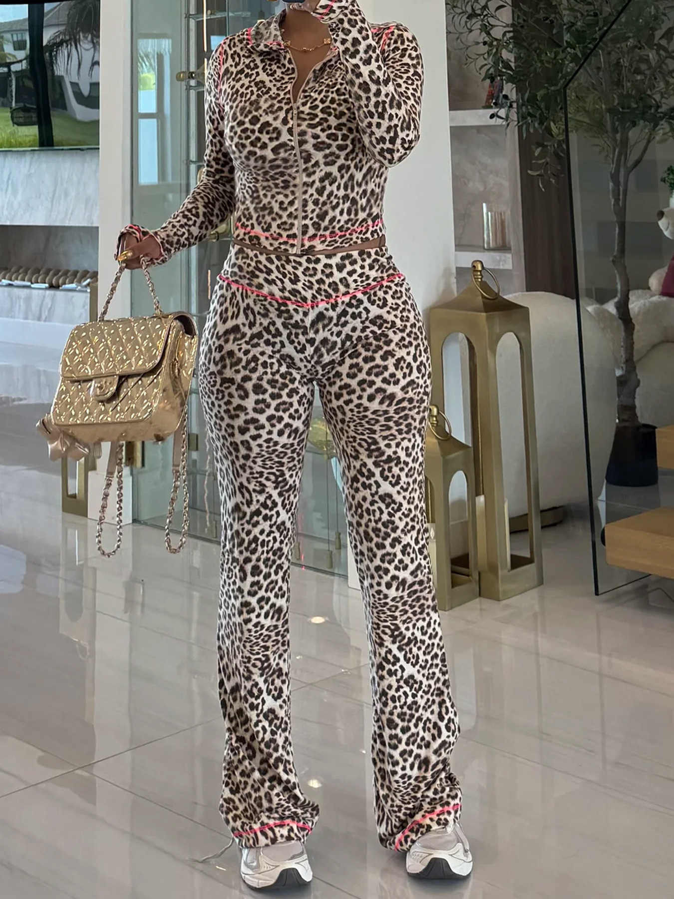 Women Autumn Holidays Casual Sexy Leopard Print Hooded Top and Bell Bottom Pant Two-Piece Set