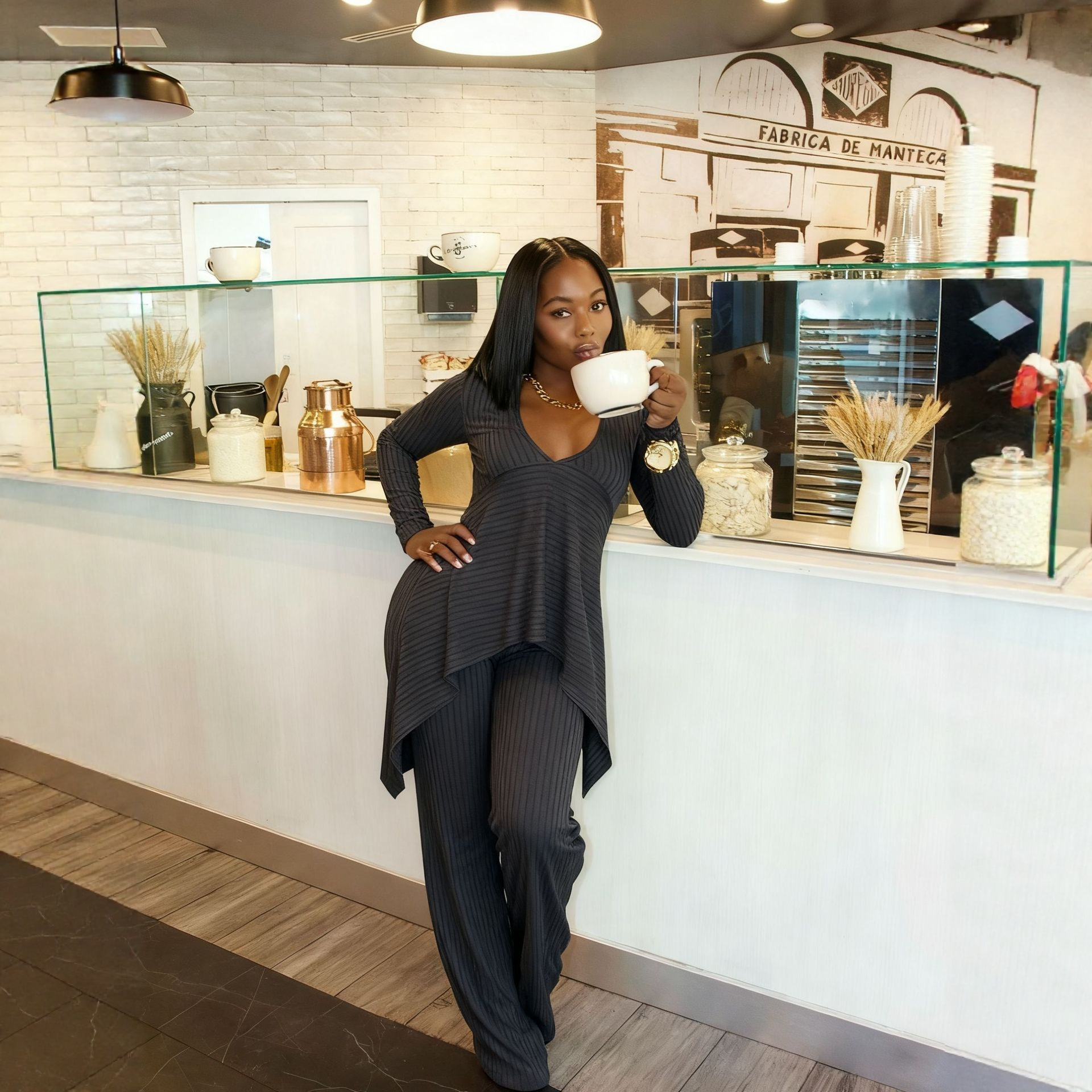 Women Casual Ribbed Irregular Long-Sleeve V-Neck Top and Pant Two-Piece Set