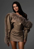 Women Autumn/Winter Pu Leather Frayed Sexy Bodycon Dress