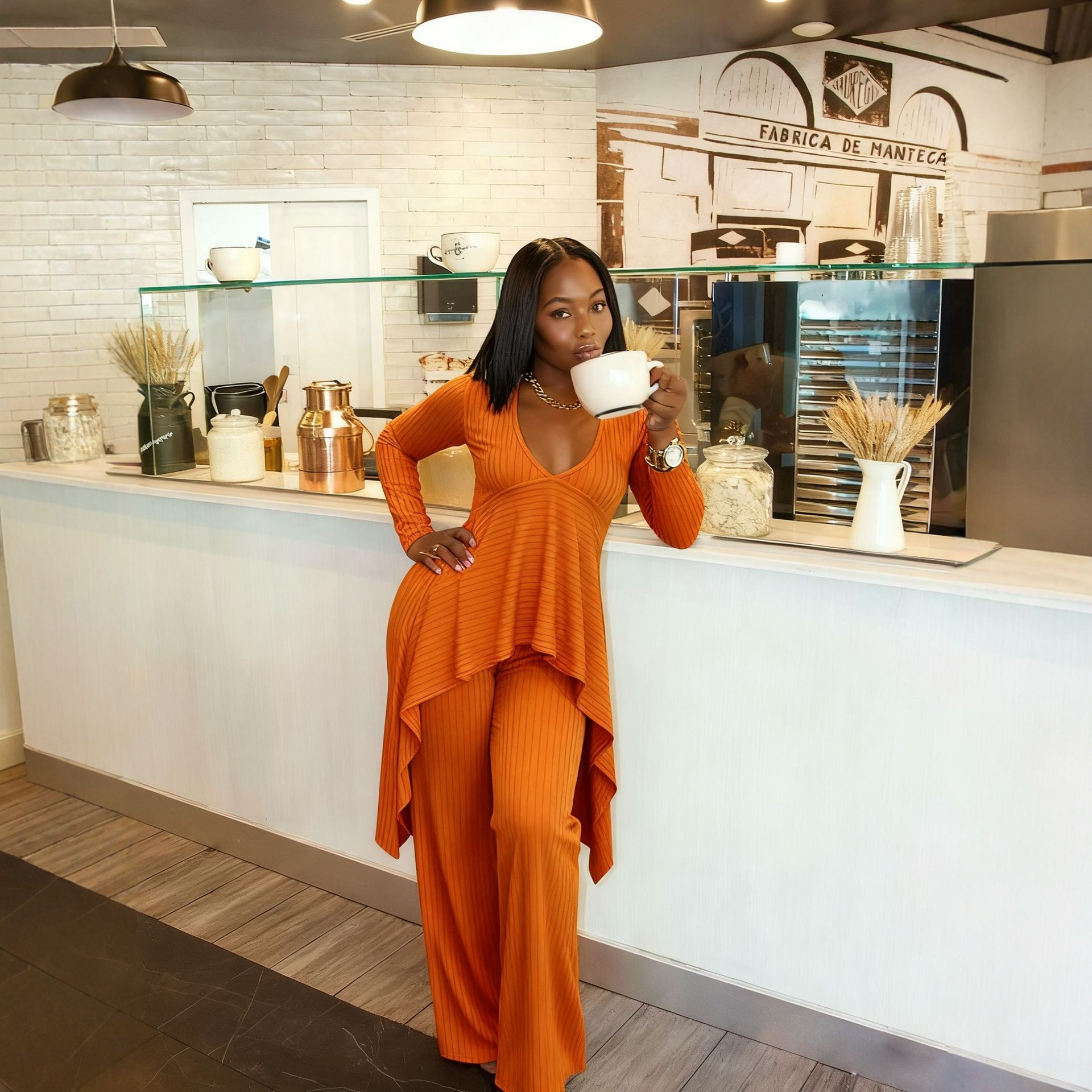 Women Casual Ribbed Irregular Long-Sleeve V-Neck Top and Pant Two-Piece Set