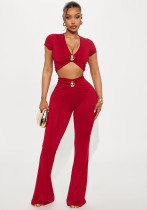 Women Summer Sexy V-Neck Short-Sleeve T-Shirt Top and Pants Two-Piece Set